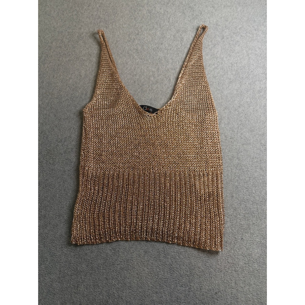 Cleo Metallic Gold Knit Cami Tank Top S/M Rose Gold Sheer V-Neck Camisole S/M